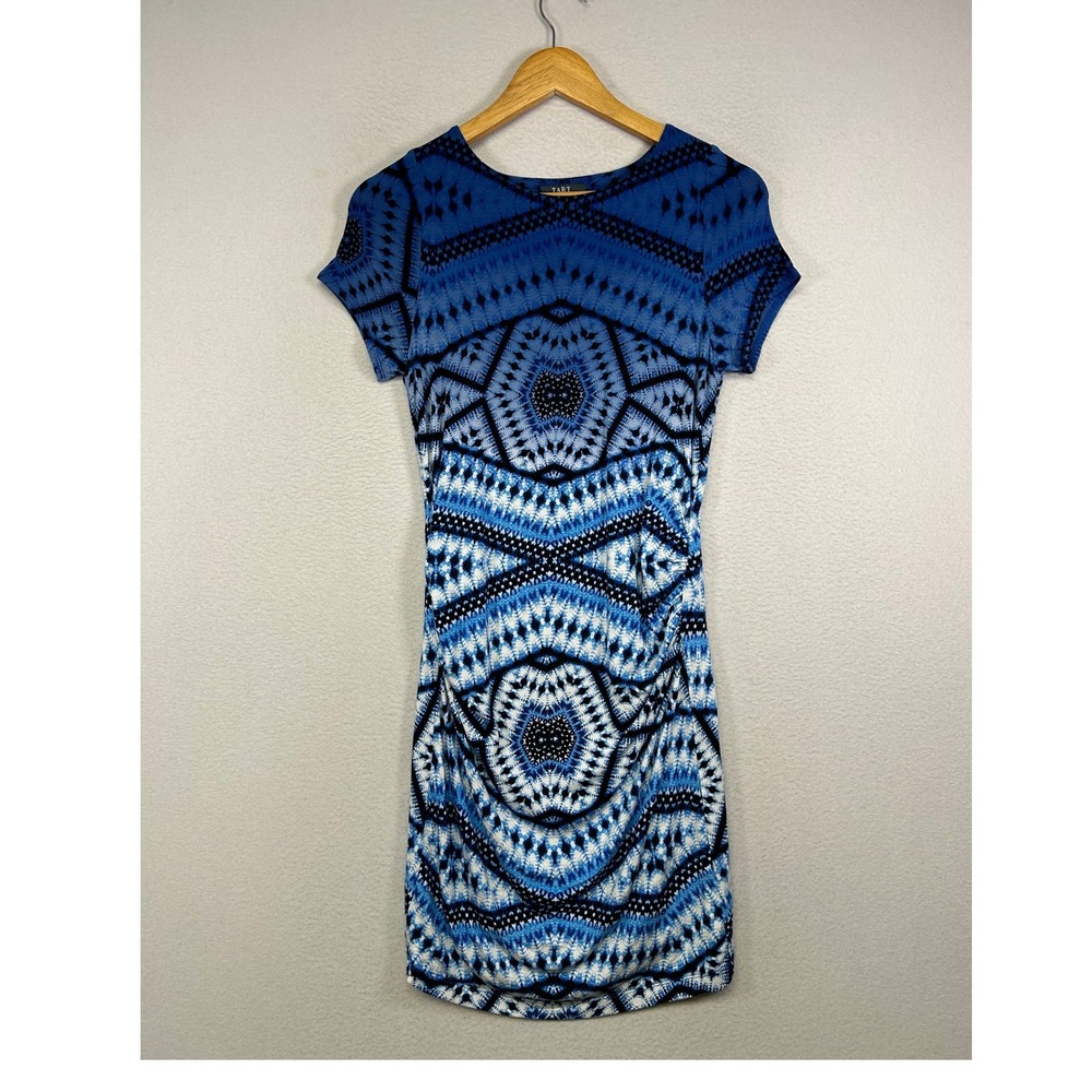 Boho Tart Maternity Women XS Blue Geometric Ruched Short Sleeve Mini Dress
